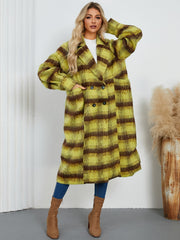 Checked plaid oversized cocoon coat in lime with brown stripes, featuring a double-breasted closure and wide lapels.