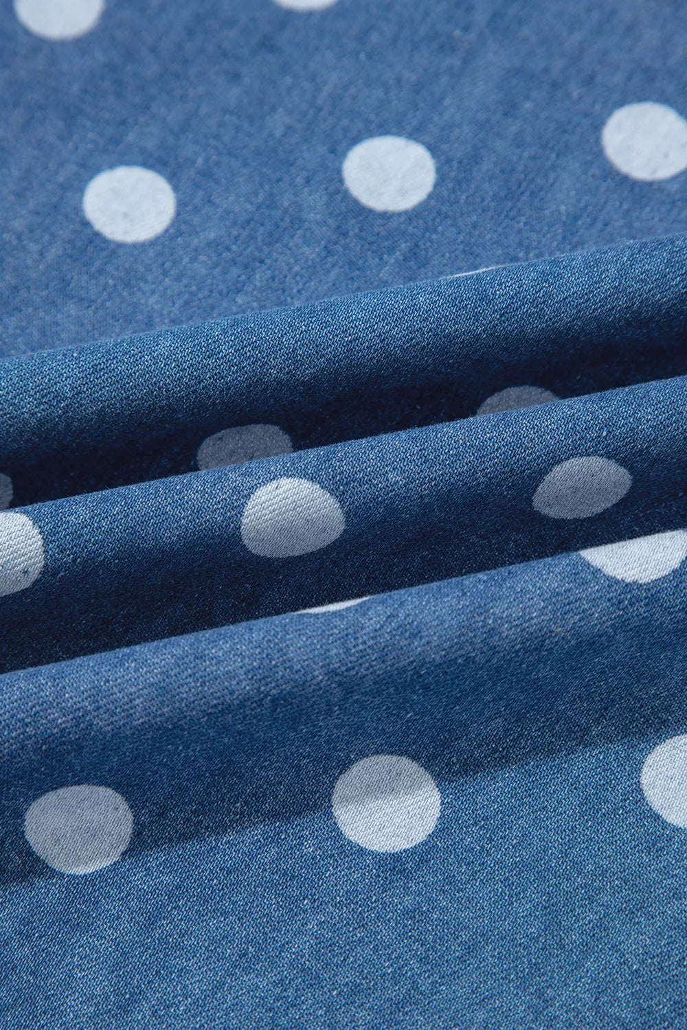 Polka Dot Long Sleeve Collar Shift Tunic Denim Jacket in Dusty Blue, editorial view