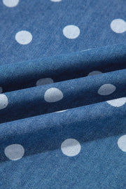 Polka Dot Long Sleeve Collar Shift Tunic Denim Jacket in Dusty Blue, editorial view