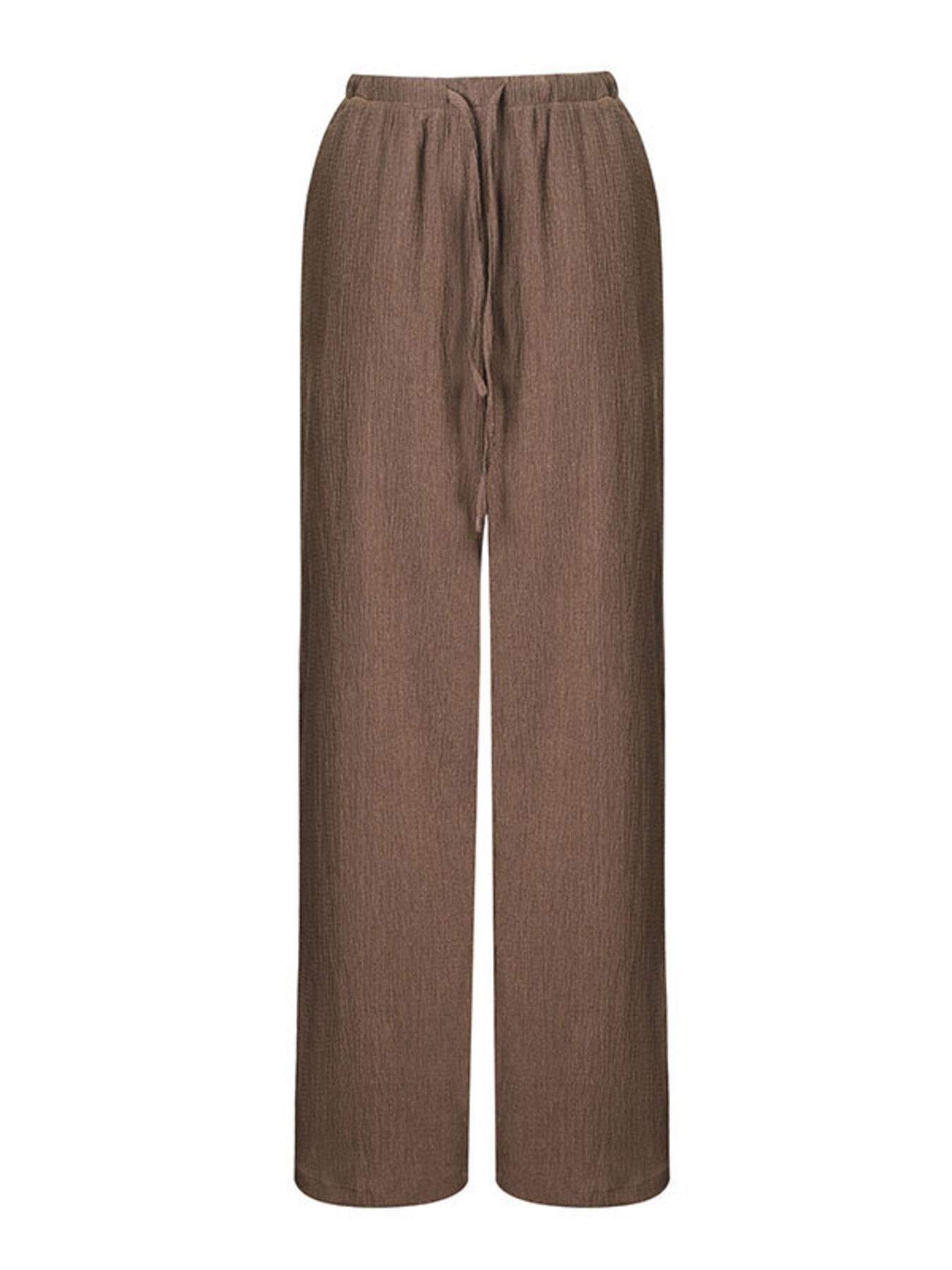 Brown crinkled wide-leg drawstring pants with a relaxed fit.
