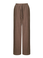 Brown crinkled wide-leg drawstring pants with a relaxed fit.
