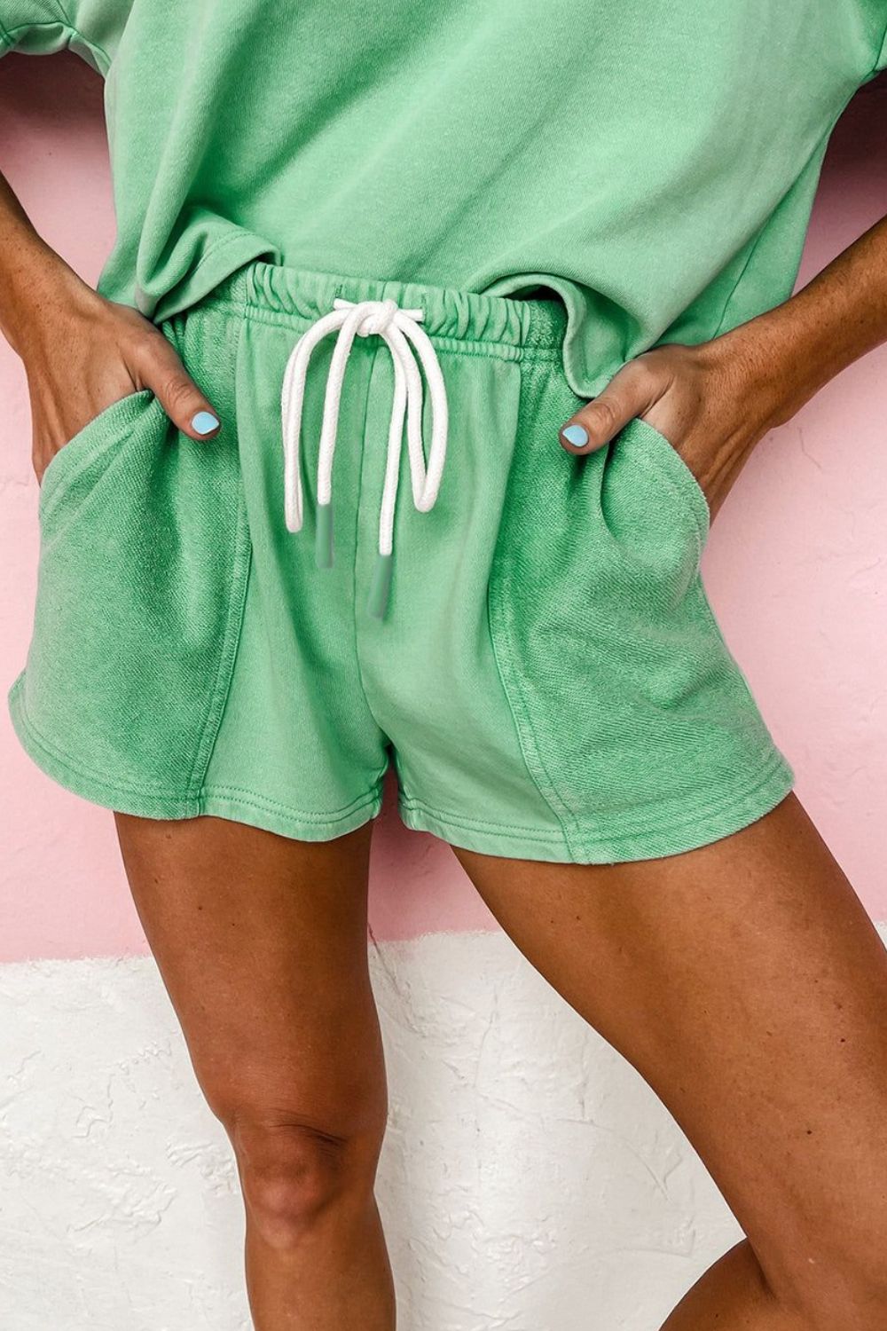 Gum Leaf washed cotton lounge shorts with drawstring waist and pockets