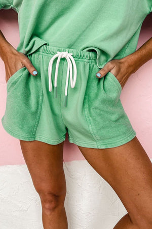 Gum Leaf washed cotton lounge shorts with drawstring waist and pockets
