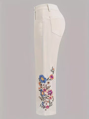 Embroidered Floral Detail Wide-leg Jeans