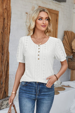 White perforated puff sleeve henley blouse with button detail