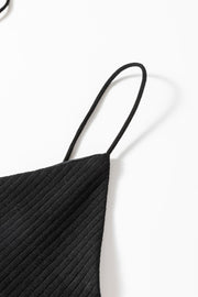 Black ribbed cami bodysuit with thin spaghetti straps