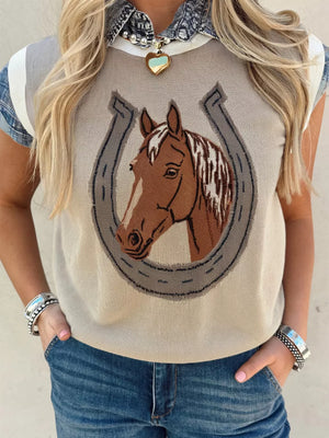 Sleeveless tan sweater vest with horse and horseshoe embroidery, crew neck, and contrast sleeves.