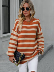 Chunky stripe relaxed fit knit sweater in burnt coral and cream acrylic with crew neck and dropped shoulders.