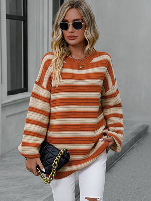 Chunky stripe relaxed fit knit sweater in burnt coral and cream acrylic with crew neck and dropped shoulders.