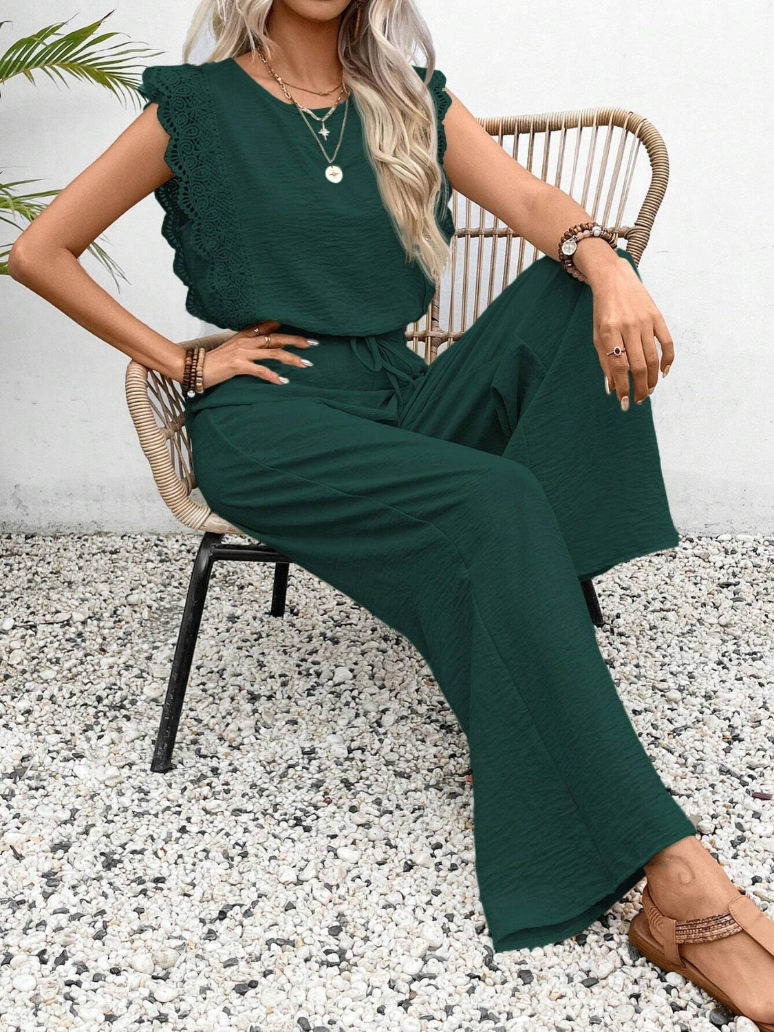 Dark Green textured ruffle sleeve drawstring jumpsuit with wide legs