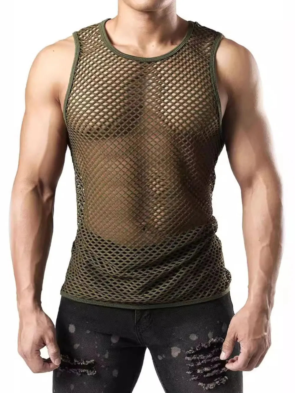 Army green open-knit muscle tank top with a diamond pattern and crew neck.