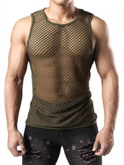 Army green open-knit muscle tank top with a diamond pattern and crew neck.