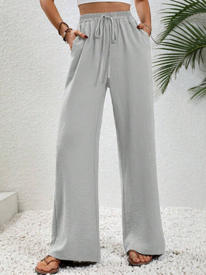 Light Gray textured palazzo trousers with drawstring waist and pockets