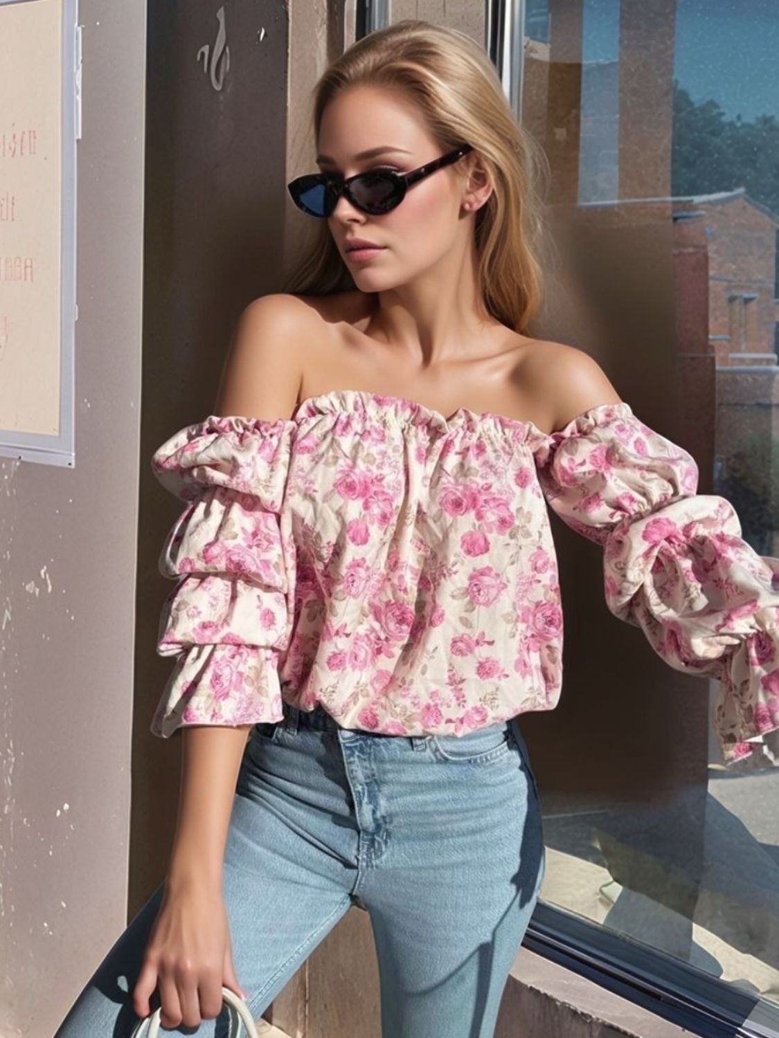 Blush pink floral off-the-shoulder blouse with tiered ruffle sleeves and a smocked neckline.