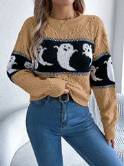 Camel cable knit crewneck sweater with ghost motif and black band detail