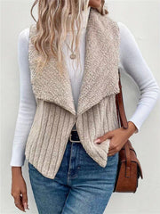 Textured teddy collarless vest in Dust Storm with ribbed detail and open front.