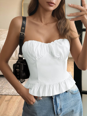 White ruffled hem strapless tube top with ruched bust detail