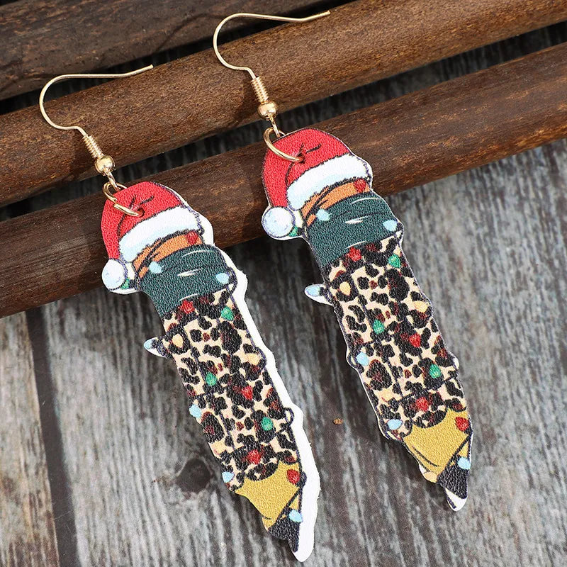 Festive pencil drop earrings with Santa hats and leopard print detail.
