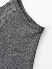 Grey lace trim bodycon mini dress with a scoop neckline and tank straps.