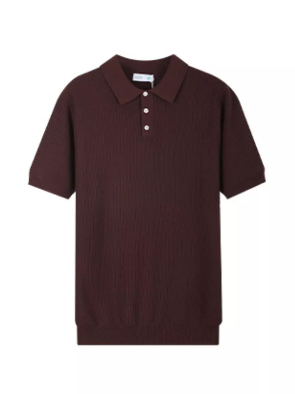 Burgundy ribbed short sleeve polo shirt with classic collar and three white buttons.