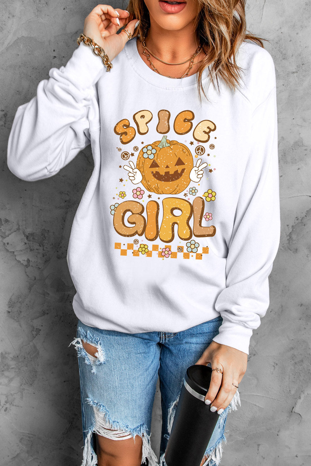 White crewneck sweatshirt with Spice Girl pumpkin graphic and retro floral details.