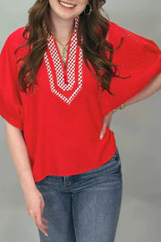 V Neck Plaid Collar Short Sleeve Tunic Blouse, close-up detail