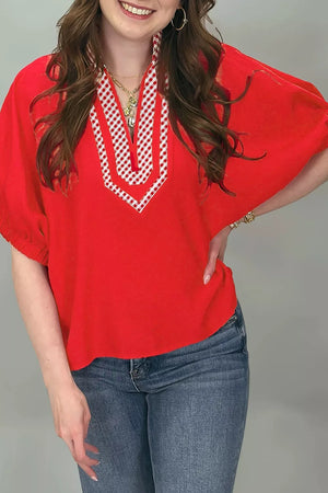 V Neck Plaid Collar Short Sleeve Tunic Blouse, close-up detail