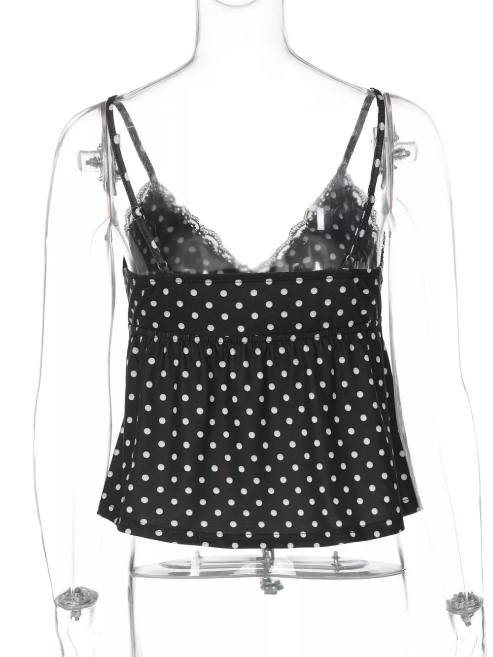 Black polka dot cami with lace trim and adjustable straps.