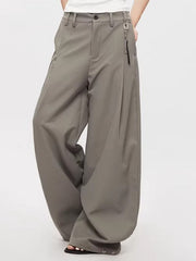 Men's grey high-waisted wide leg sweatpants with button closure and chain detail.