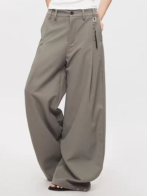 Men's grey high-waisted wide leg sweatpants with button closure and chain detail.