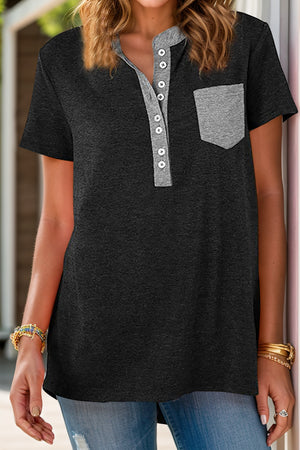 Dark Gray Henley Tee with contrast collar, button placket, and patch pocket.
