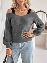 Off-shoulder Lace Trim Sweater in Dark Gray, model styling view