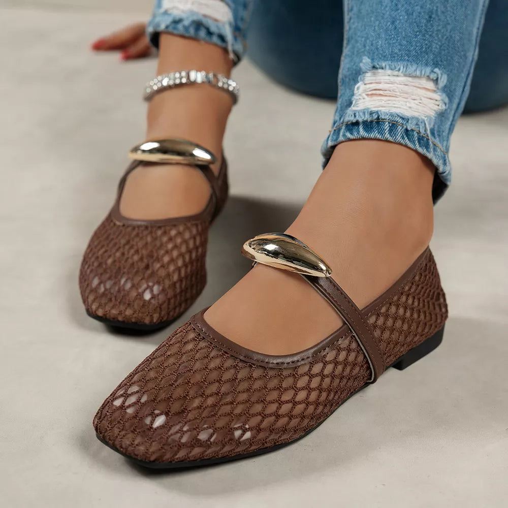 Square Toe Mesh Slip-on Flats, model styling view