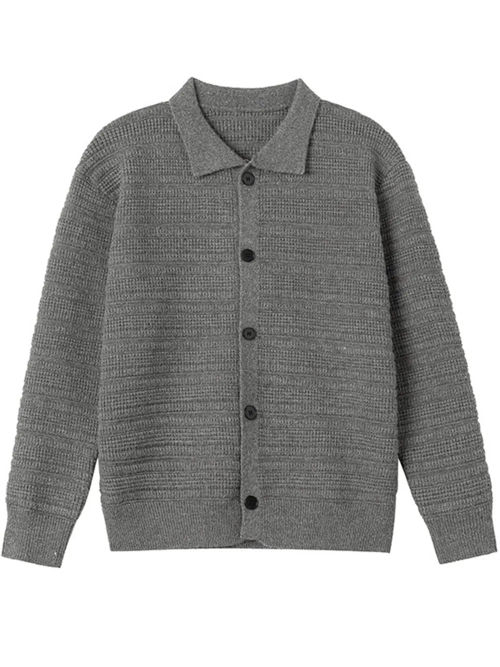 Men's dark gray ribbed knit button-down cardigan with a collar.