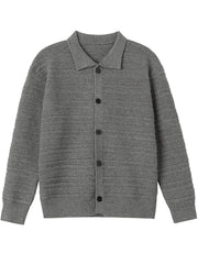Men's dark gray ribbed knit button-down cardigan with a collar.