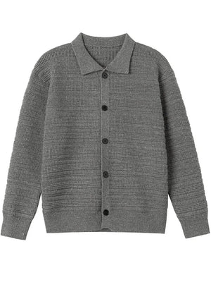 Men's dark gray ribbed knit button-down cardigan with a collar.