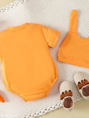 Children's Carrot Embroidered Round Neck One-piece & Hat Set in Orange, fabric detail