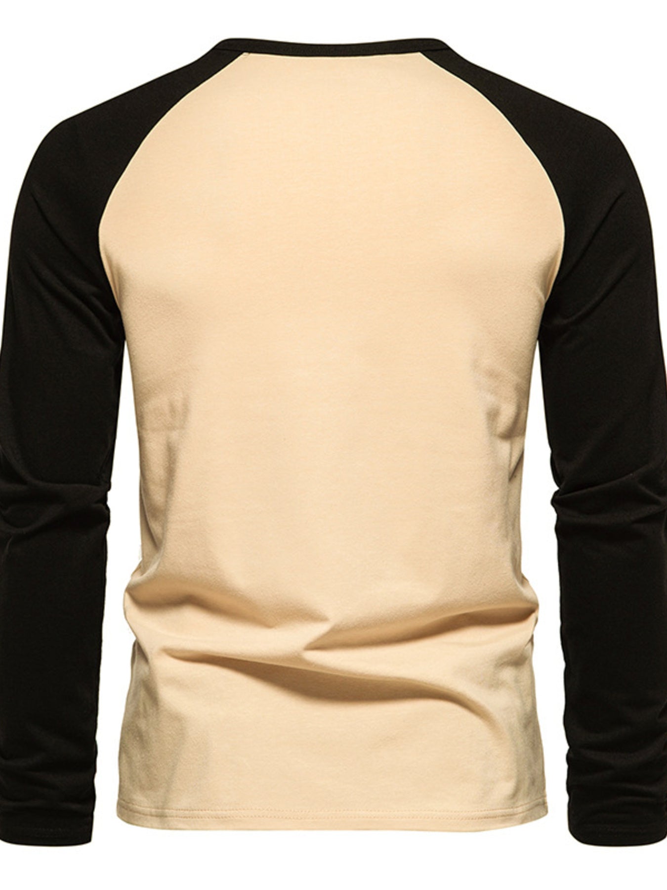 Men's long sleeve raglan t-shirt in beige with black sleeves and crew neck.