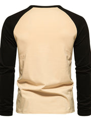 Men's long sleeve raglan t-shirt in beige with black sleeves and crew neck.