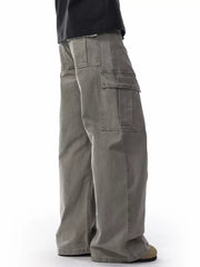Men's khaki cargo pants with multiple pockets and a relaxed fit.