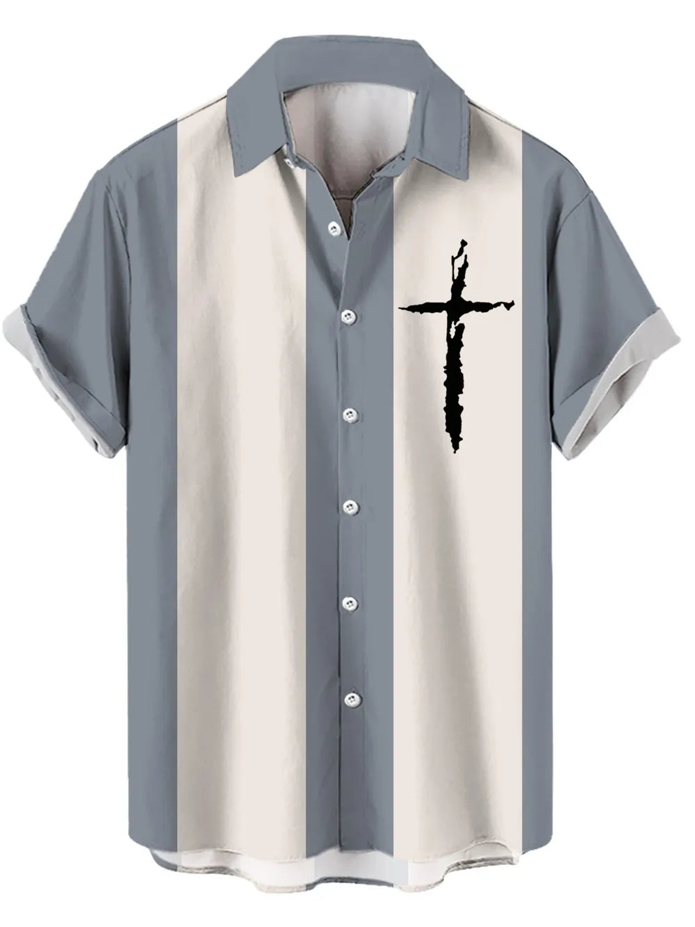 Casual button-up shirt with vertical stripes and a black cross graphic.