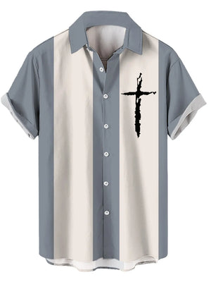 Casual button-up shirt with vertical stripes and a black cross graphic.
