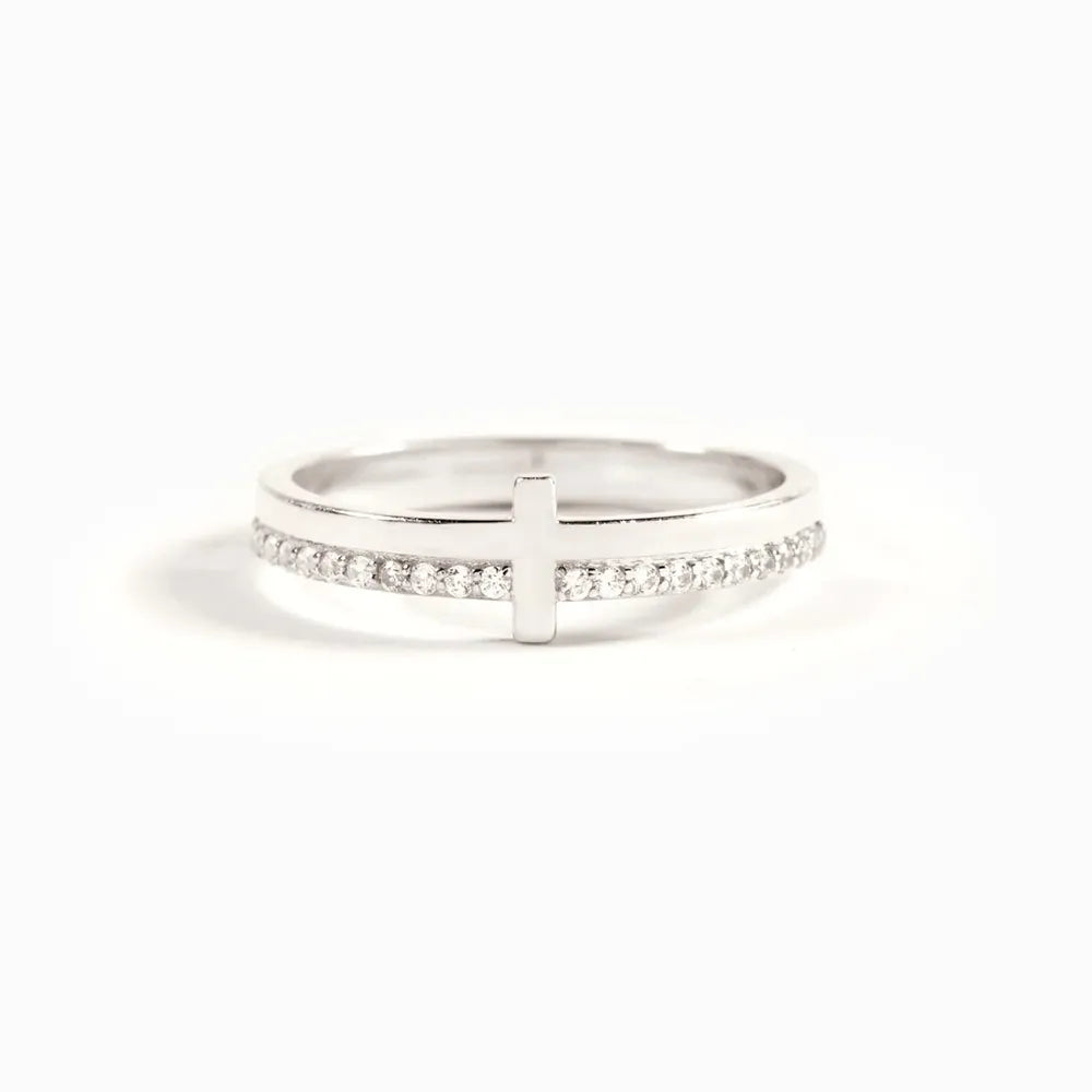 Silver cross ring with diamond trim detail
