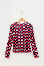 Plaid Heart Mesh Sheer Long Sleeve Top, view 11