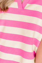 Pink and cream striped V-neck tee with a collar detail.