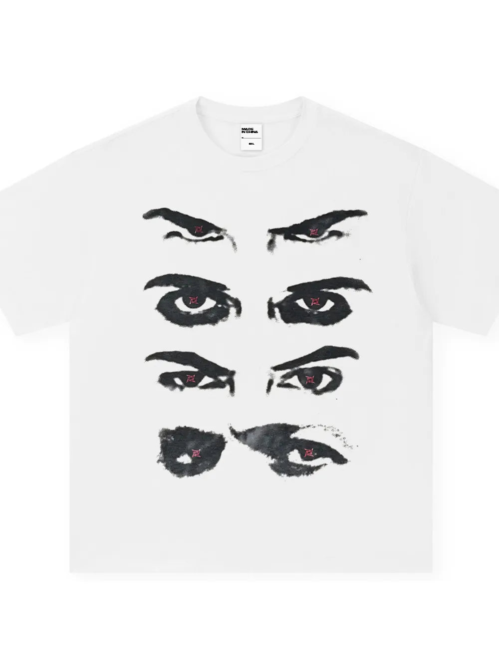 White cotton t-shirt with a bold black eye graphic and red accents.