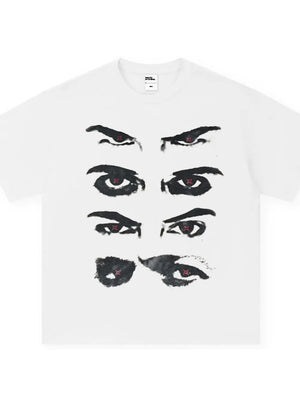 White cotton t-shirt with a bold black eye graphic and red accents.