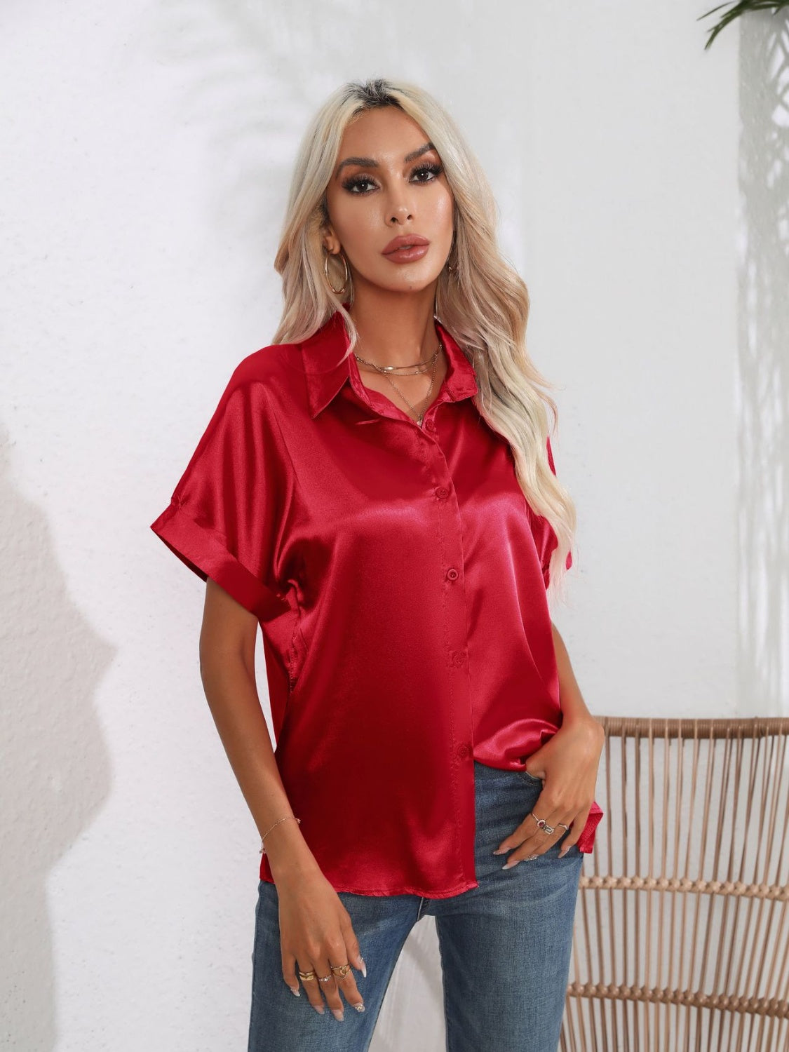 Deep Red satin boxy sleeve blouse with button-down front and collar.