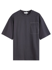 Dark gray cotton crew neck t-shirt with decorative contrast stitching on the chest pocket.