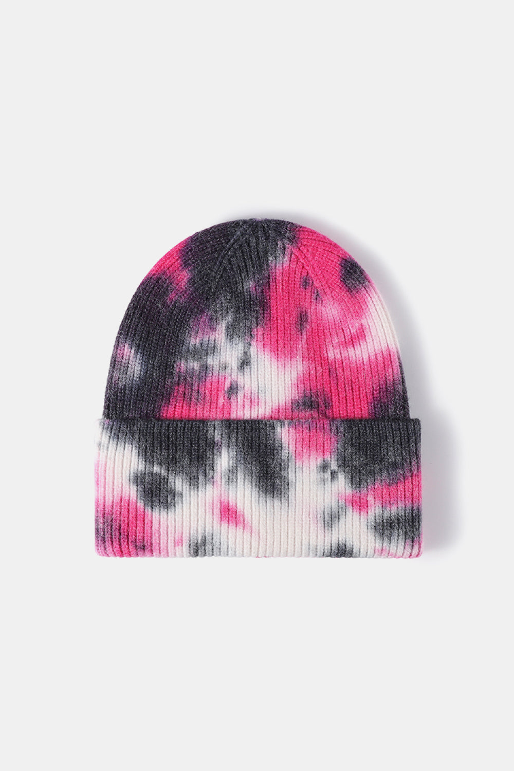 Ribbed knit beanie with black and magenta tie-dye pattern